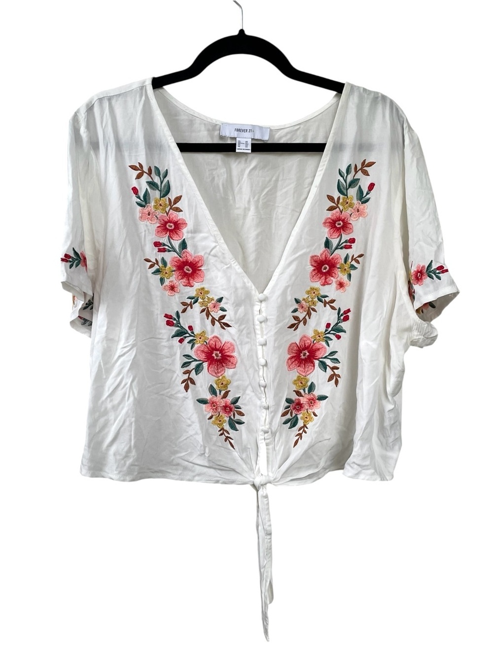 Forever 21 Boho White Cropped V‑Neck Tie‑Front Blouse Pink Floral Embroidery 2X